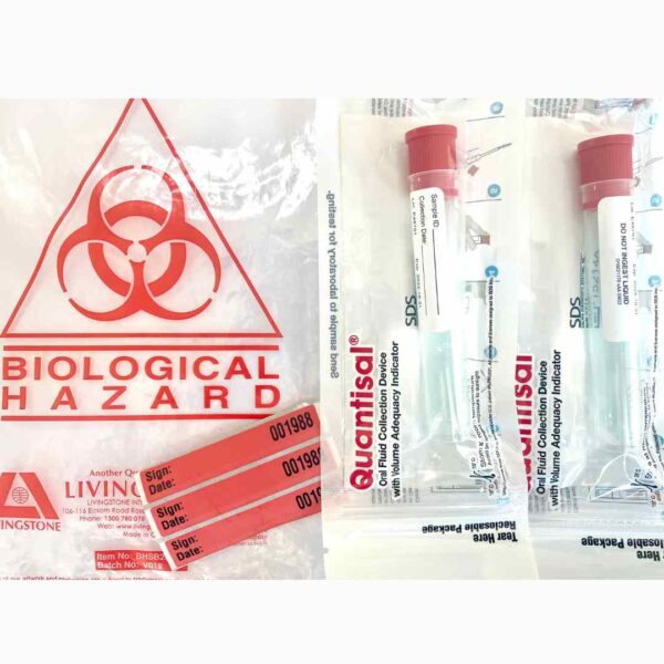 Quantisal Oral Fluid collection Kit, biological hazard bag, tamper proof seals and two quantisal collection tubes